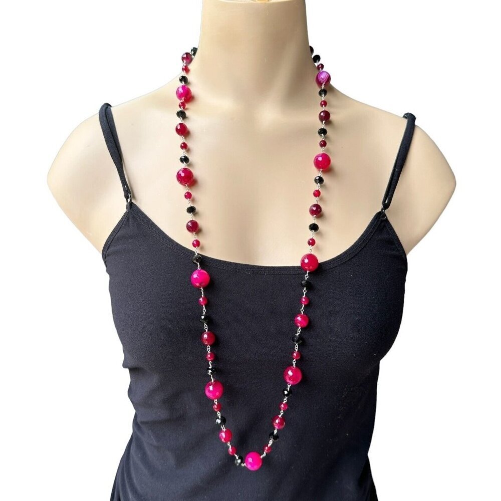 VTG Bead Accent Necklace 35 Inch‎ Black Pink Red Crystal Glass 925 Sterling